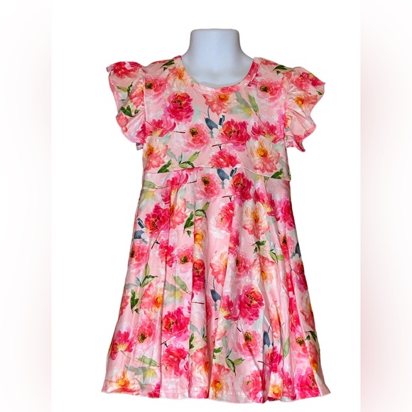 Other - NEW Boutique Girl’s Flutter Sleeve Pink Floral Dress
